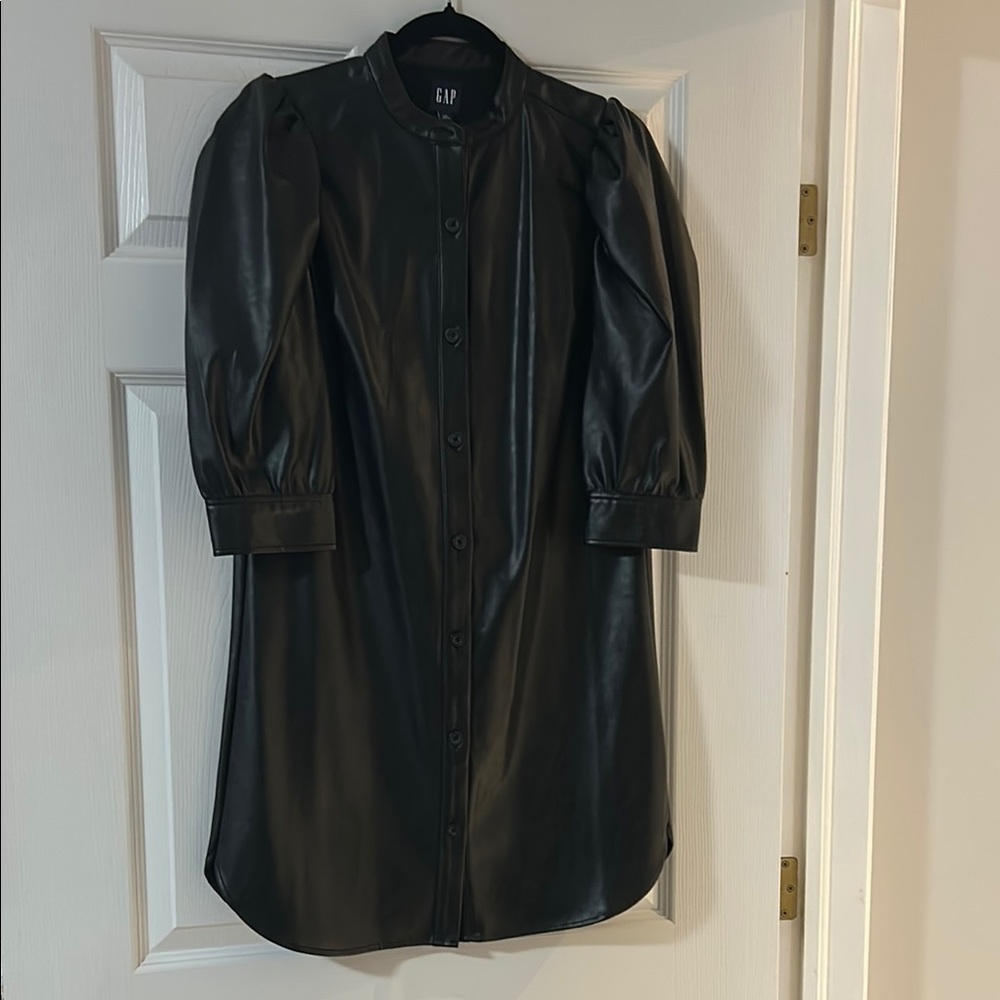 GAP Black Faux Leather Button-Up Dress